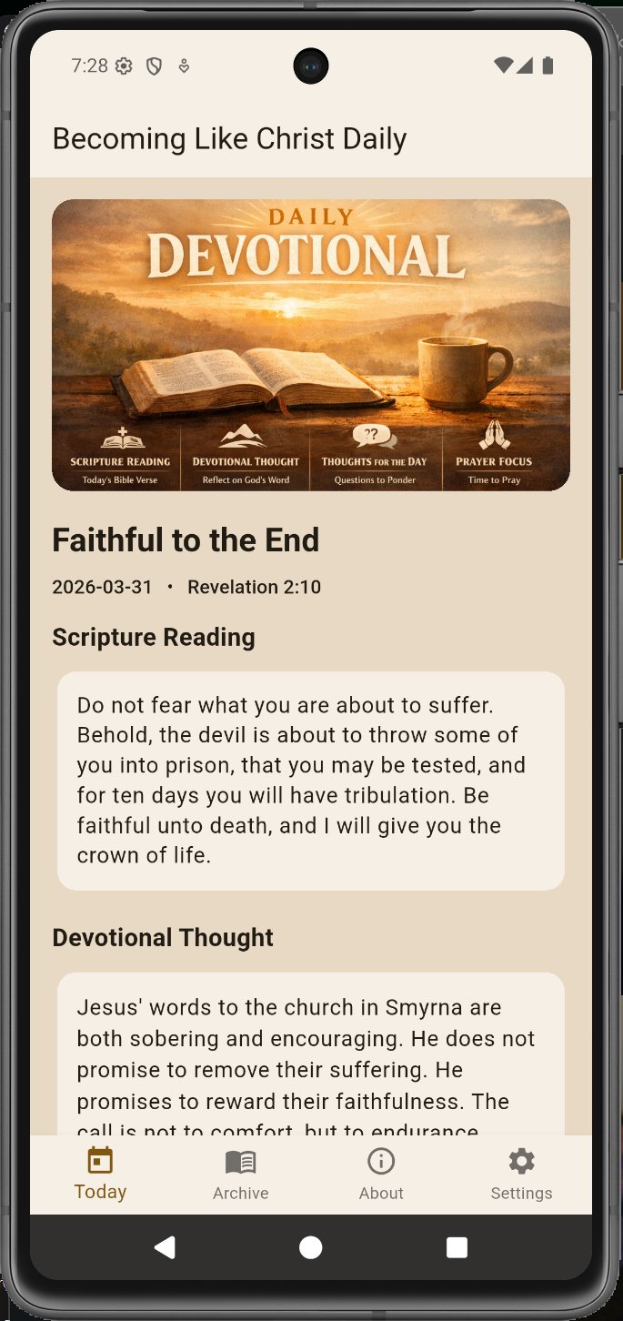 Becoming Like Christ Daily app — Today screen showing the daily devotional